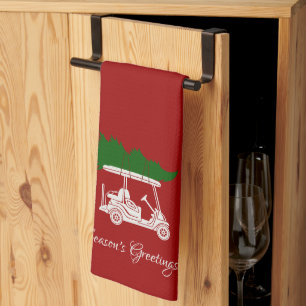 Golf Cart with Christmas Tree Crimson Red Tea Towel
