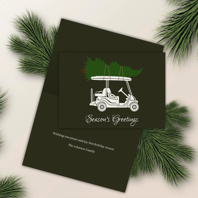 Golf Cart with Christmas Tree • Dark Green Minimal Holiday Card (Creator Uploaded)