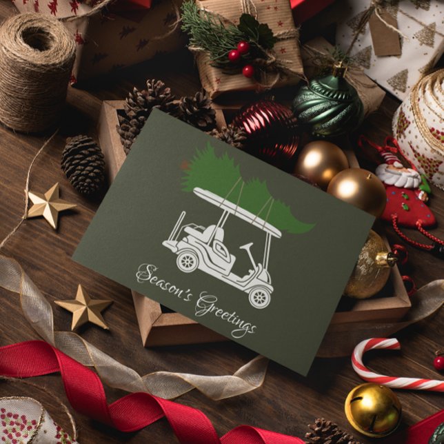 Golf Cart with Christmas Tree • Dark Green Minimal Holiday Card (Creator Uploaded)