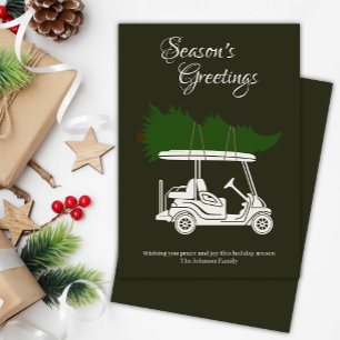 Golf Cart with Christmas Tree • Dark Green Minimal Holiday Card