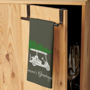 Golf Cart with Christmas Tree   Dark Pine Green Tea Towel