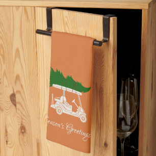 Golf Cart with Christmas Tree   Gold Tea Towel