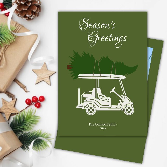 Golf Cart with Christmas Tree • Green Photo Holiday Card (Creator Uploaded)