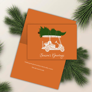 Golf Cart with Christmas Tree • Orange Minimalist Holiday Card