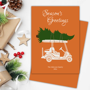 Golf Cart with Christmas Tree • Orange Minimalist Holiday Card