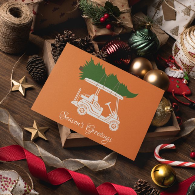 Golf Cart with Christmas Tree • Orange Minimalist Holiday Card (Creator Uploaded)