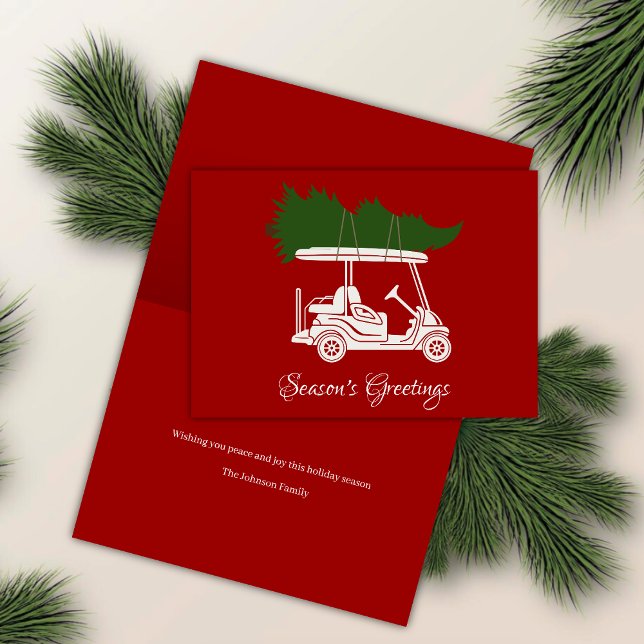 Golf Cart with Christmas Tree • Red Minimalist Holiday Card (Creator Uploaded)