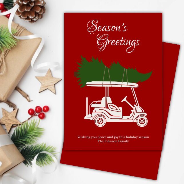 Golf Cart with Christmas Tree • Red Minimalist Holiday Card (Creator Uploaded)
