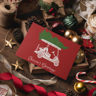 Golf Cart with Christmas Tree • Red Minimalist Holiday Card