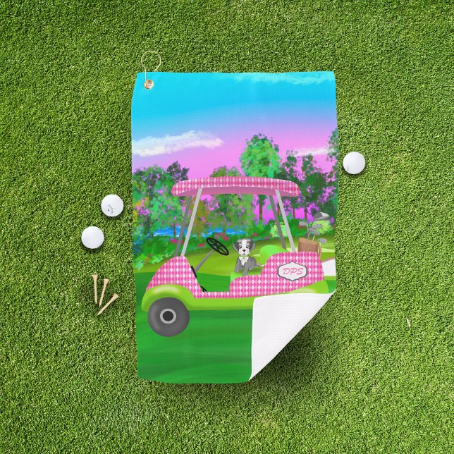  Golf Cart With Cute Schnauzer And Initials Golf Towel (Creator Uploaded)