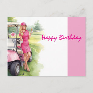 Golf  Cart with Happy Birthday  Woman Golfer PINK Postcard