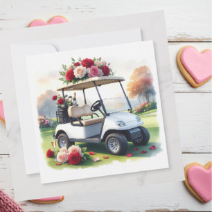 Golf Cart with red roses on green grass Valentine Holiday Card