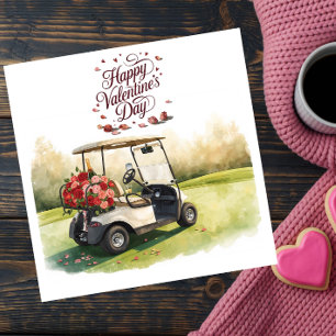 Golf Cart with red roses on green grass Valentine Holiday Card