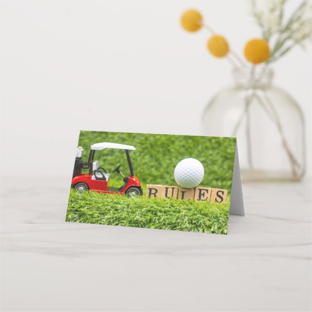 Golf cart with RULES on green grass Place Card (Front)