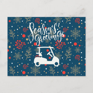 Golf cart with Season's Greeting Snow on Blue Holiday Postcard