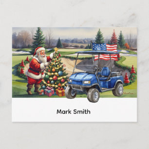 Golf cart with USA flag on golf course Christmas Holiday Postcard