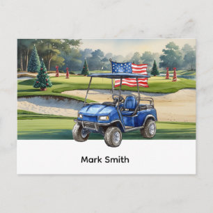 Golf cart with USA flag on golf course Christmas Holiday Postcard