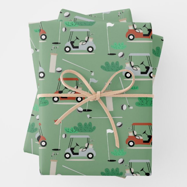 Golf Carts Modern Golfer Golf Theme Pattern Wrapping Paper Sheet (In situ)