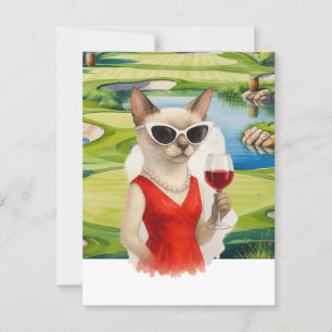 Golf Cat is drinking wine in Golf Course Postcard