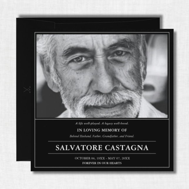 Golf Celebration of Life Black Photo Memorial Invitation (A Life Well-Played — a refined golf celebration of life tribute honoring a life of grace and legacy.)