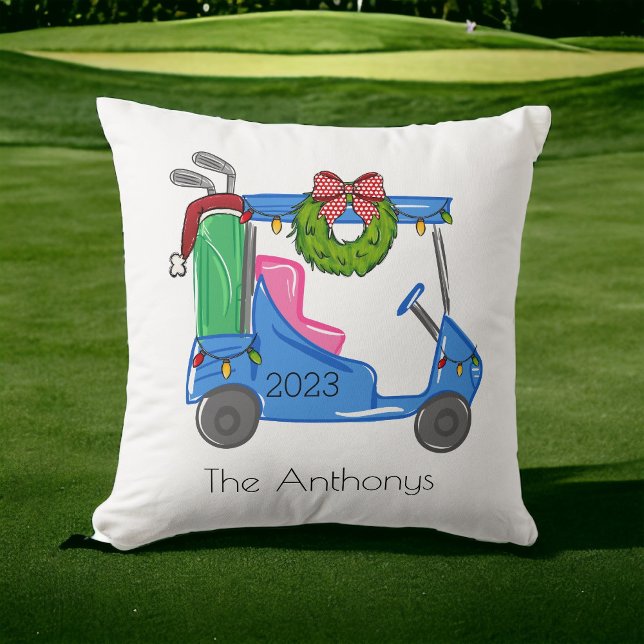 Golf Christmas Blue Golf Cart Personalised Preppy Cushion (Creator Uploaded)