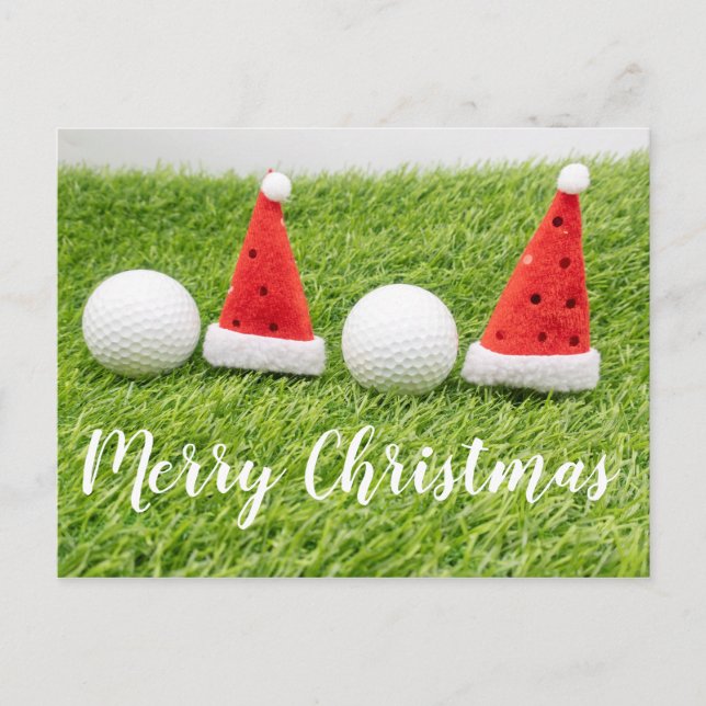 Golf Christmas card with Santa hat on green grass (Front)