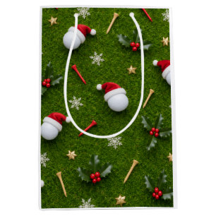Golf Christmas Equipment Pattern on Green Grass Medium Gift Bag