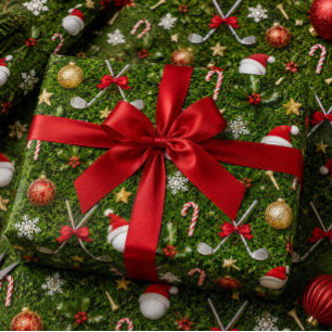 Golf Christmas Equipment Pattern on Green Grass  Wrapping Paper