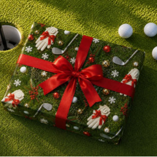 Golf Christmas Equipment Pattern on Green Grass  Wrapping Paper