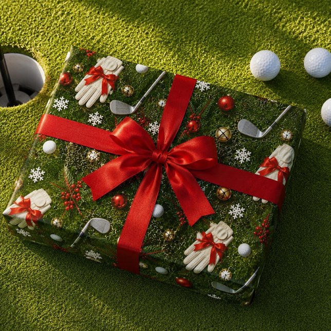 Golf Christmas Equipment Pattern on Green Grass  Wrapping Paper (Creator Uploaded)