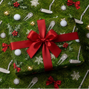 Golf Christmas Equipment Pattern on Green Grass Wrapping Paper