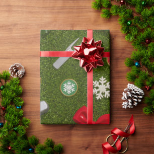 Golf Christmas Equipment Pattern on Green Grass  Wrapping Paper