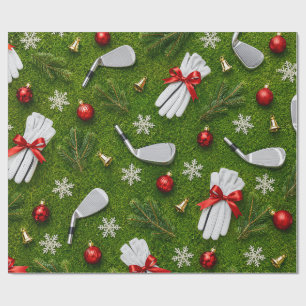 Golf Christmas Equipment Pattern on Green Grass  Wrapping Paper