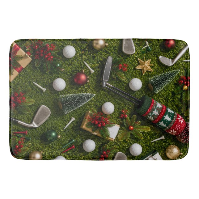 Golf Christmas Flat Lay on Putting Green  Bath Mat (Front)