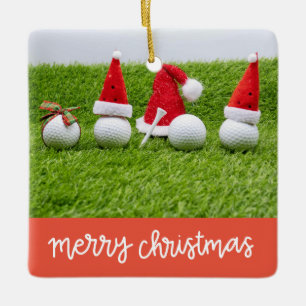 Golf Christmas gifts with ball and tee on green    Ceramic Ornament