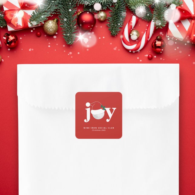 Golf Christmas Holiday Joy  Festive Modern Red Square Sticker (Perfect as an envelope seal or favor sticker. Add your family, club, or business name 🎁)