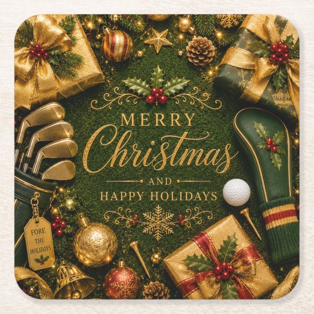 Golf Christmas Holiday Square Paper Coaster (Front)