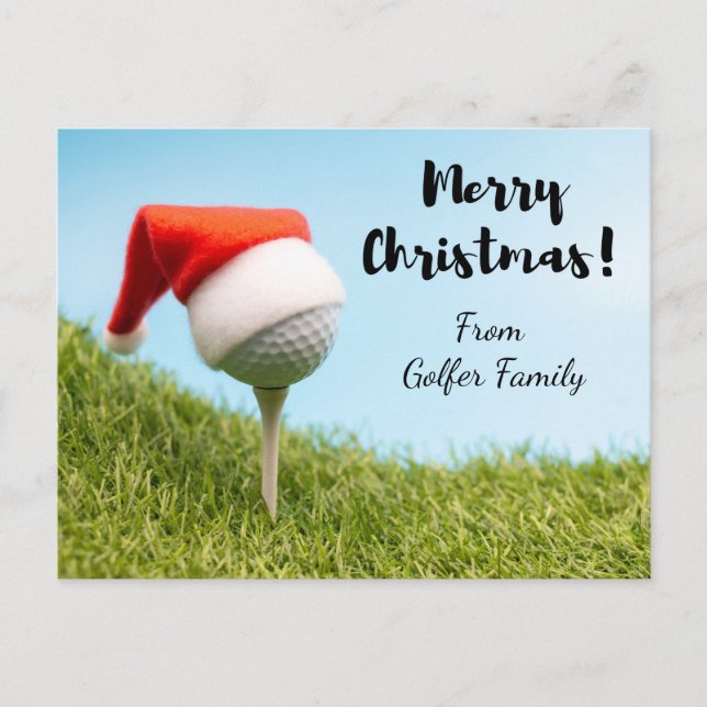 Golf Christmas Holiday with Santa hat on golf ball Postcard (Front)