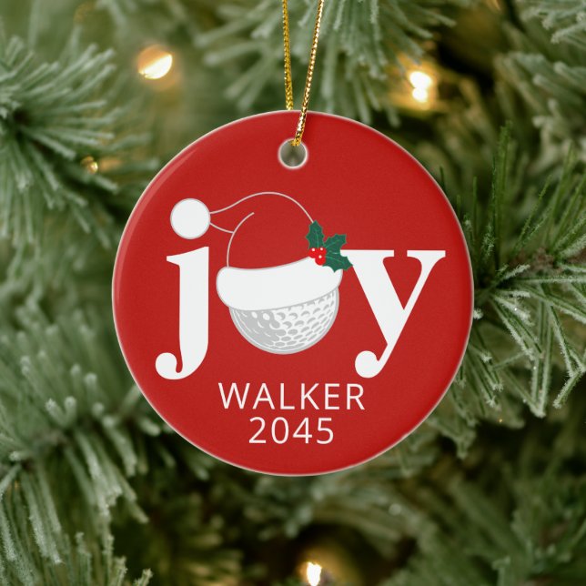 Golf Christmas Joy Personalized Name Modern Red Ceramic Tree Decoration (Tree)