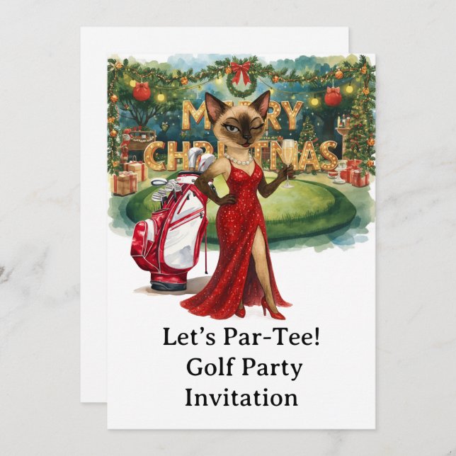 Golf Christmas Party with Cat on putting green Invitation (Front/Back)