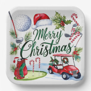 Golf Christmas Party with golf equipment Xmas Paper Plate