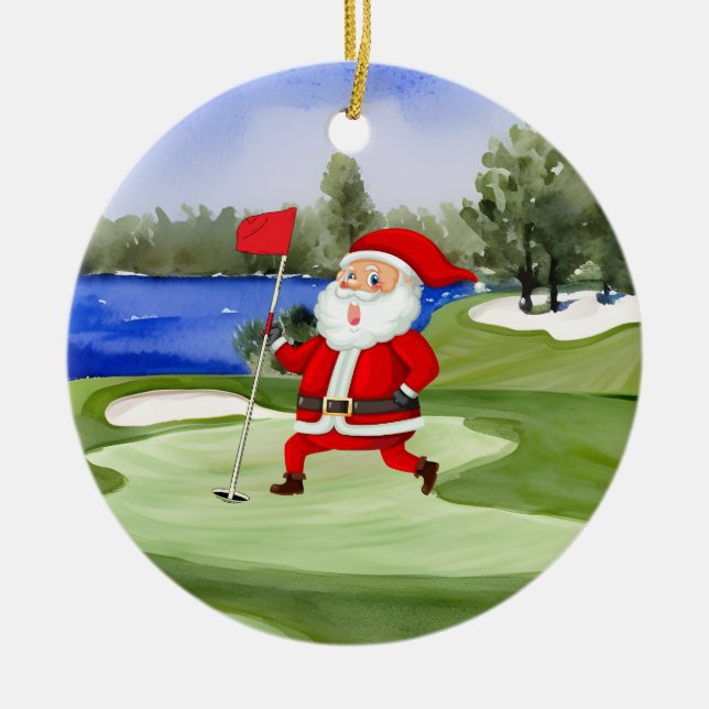 Golf Christmas Santa Claus holds flag on green  Ceramic Tree Decoration (Front)