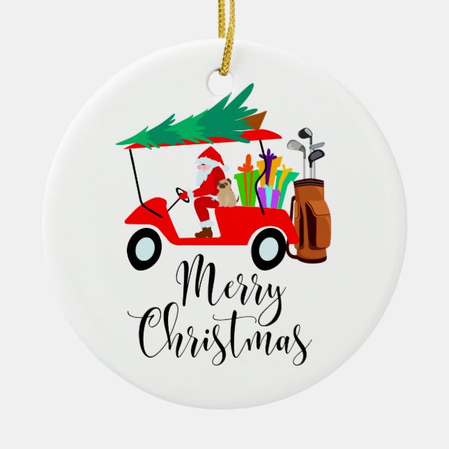 Golf christmas Santa Claus riding golf cart golfer Ceramic Tree Decoration (Front)