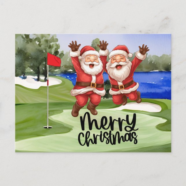 Golf Christmas Santa Claus with flag on green  Holiday Postcard (Front)