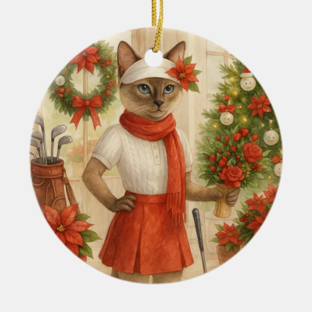 Golf Christmas themed for Cat Golfer  Ceramic Tree Decoration (Front)