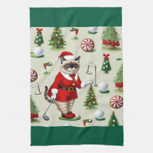 Golf Christmas themed for Cat Lover Golfer Tea Towel
