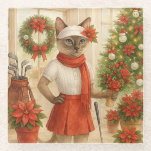 Golf Christmas themed for Cat woman Golfer  Glass Coaster