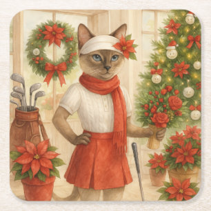 Golf Christmas themed for Cat woman Golfer  Square Paper Coaster