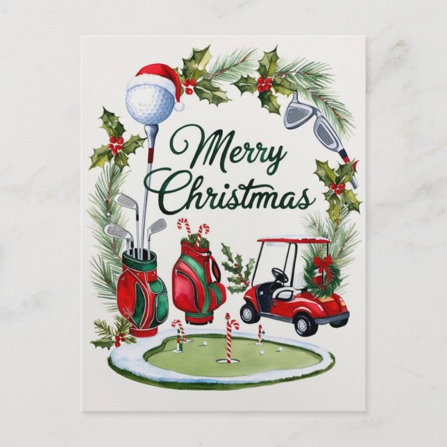 Golf christmas themed for Golfer watercolor Holiday Postcard (Front)