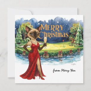 Golf Christmas themed for Woman Cat Lovers Holiday Card